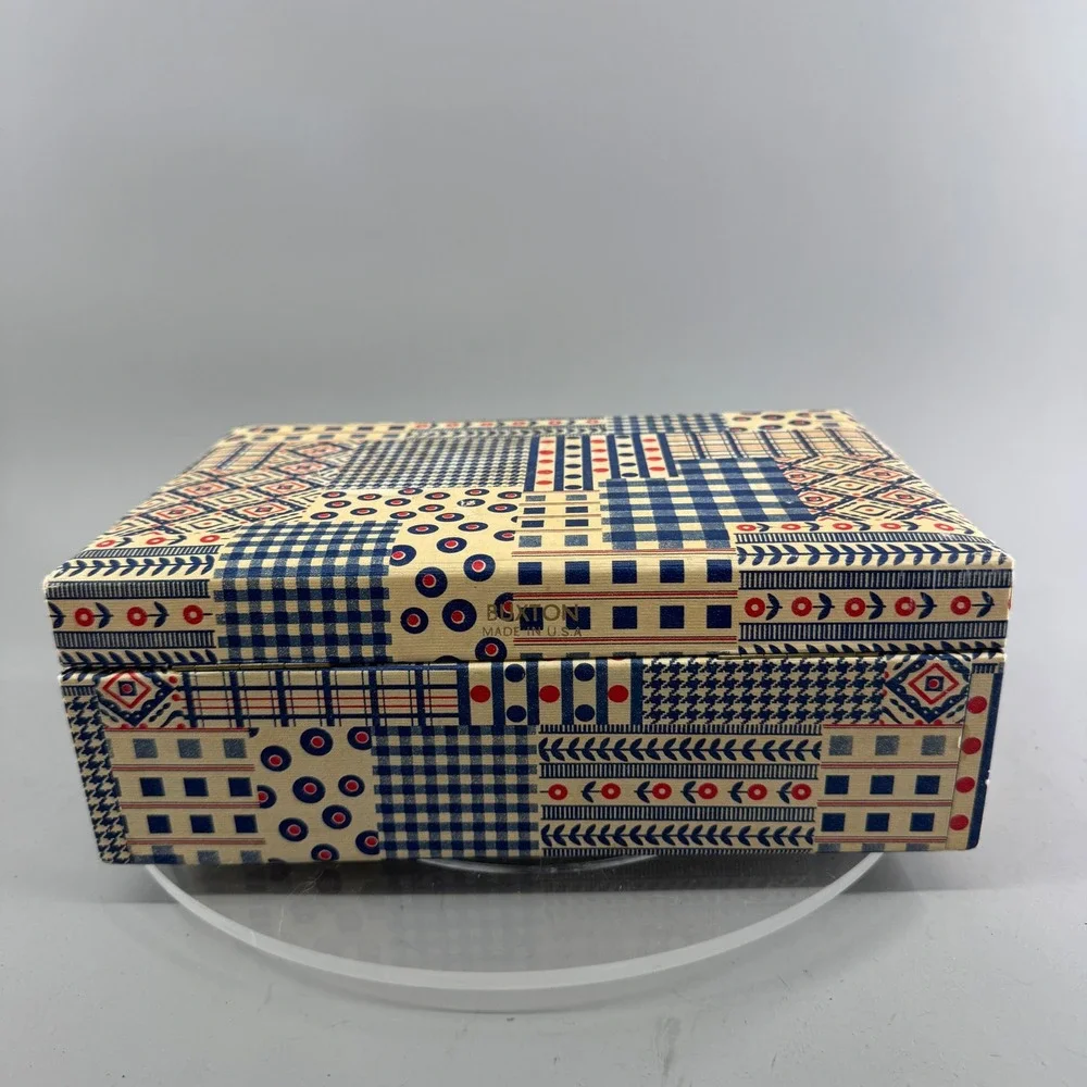 Buxton Vintage Jewelry Box Patchwork Geometric Print Organizer Blue Red USA